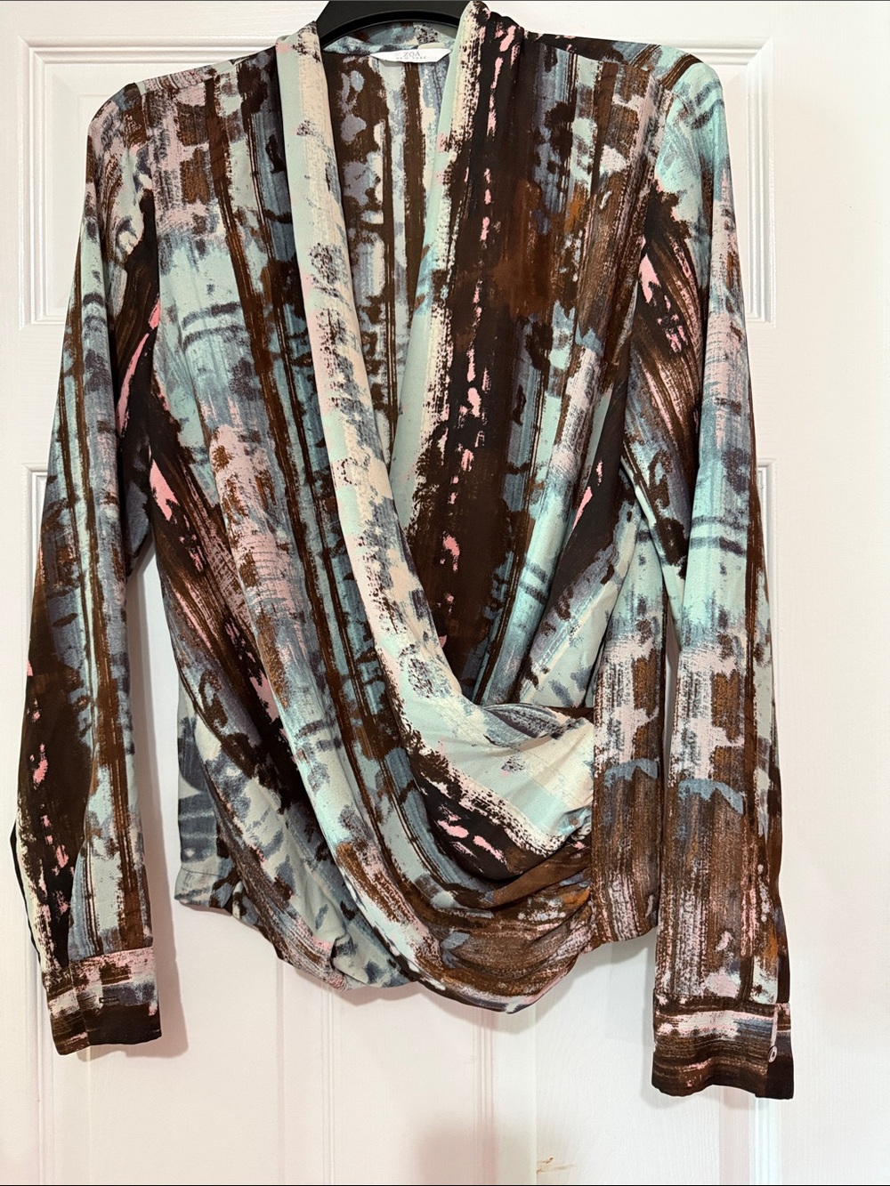 Abstract Brushstroke Draped Wrap Blouse in Mint, Pink & Brown